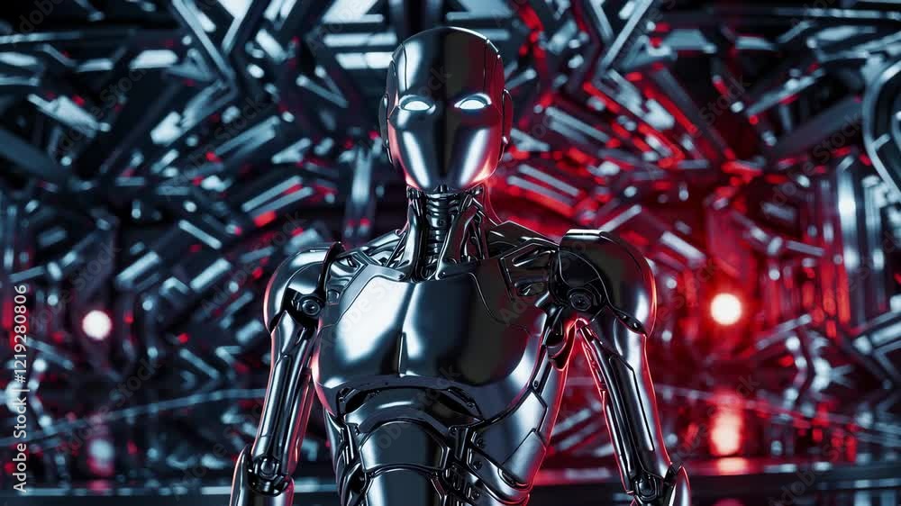 Poster futuristic humanoid robot in a high-tech mechanical environment