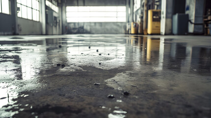Environmental management/waste management in industry, messy and dirty industrial floor 