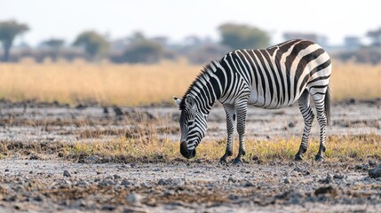 A majestic zebra grazing in a field, with its black and white stripes visible