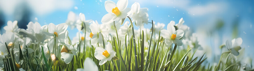 Fototapeta premium Spring flowers and grass growing from the melting sun, blue sky and sunshine in the background. Concept of spring coming and winter leaving.