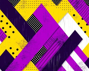 Playful pastel background with scattered triangles, zigzag patterns in bold purple and yellow, dotted textures with retro flair
