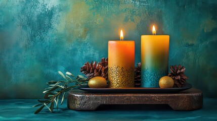 Two lit ombre candles with pine cones and golden eggs on a rustic wooden tray against a teal background.