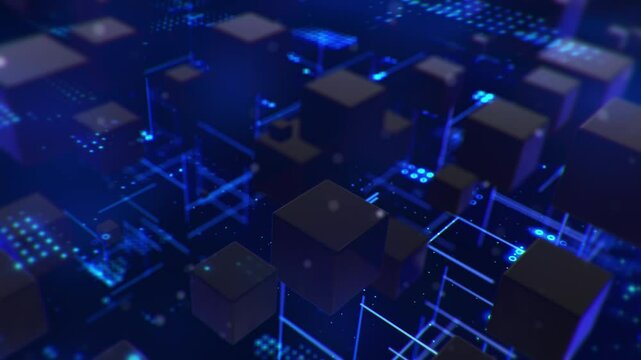 3D render abstract stack of cubes with a random movement. Futuristic cyberspace grid , blue neon light, circuit board. Cryptocurrency, big code data, AI, blockchain, and digital technology concept