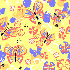 Easter Butterflies Flowers on Yellow Seamless Repeat