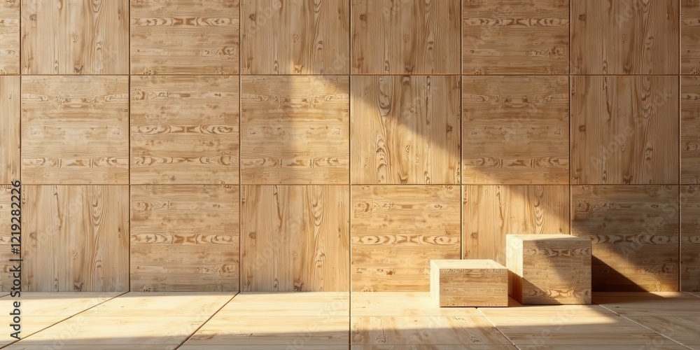 Poster Sunlit Wooden Room with Two Empty Display Cubes for Product Presentation and Promotion