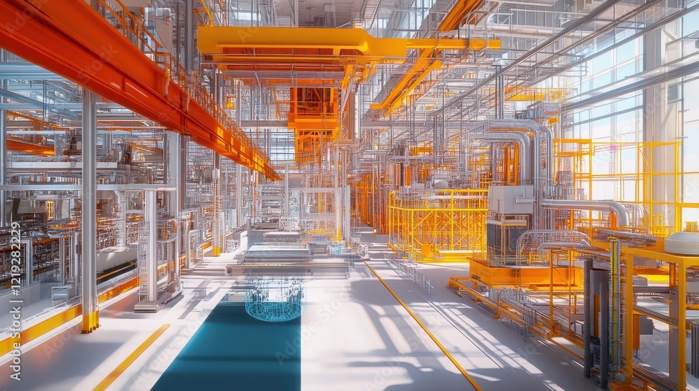 Poster automated smart factory with interconnected mesh representing industry 4 0 innovations