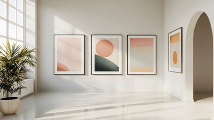 Modern Art Gallery Interior with Abstract Paintings and Natural Light in Minimalist Room Design