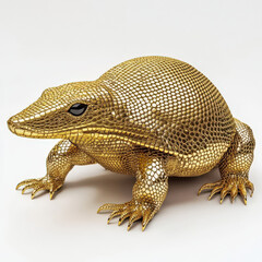 Obraz premium Golden reptile sculpture; scaled, squat body; sharp claws.