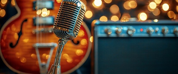 Retro microphone, guitar, and amplifier against a bokeh background.