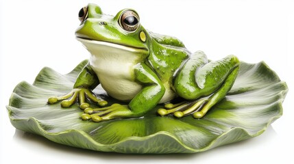 A frog sitting on a lily pad, with its vibrant green skin and big eyes, on a white isolated background