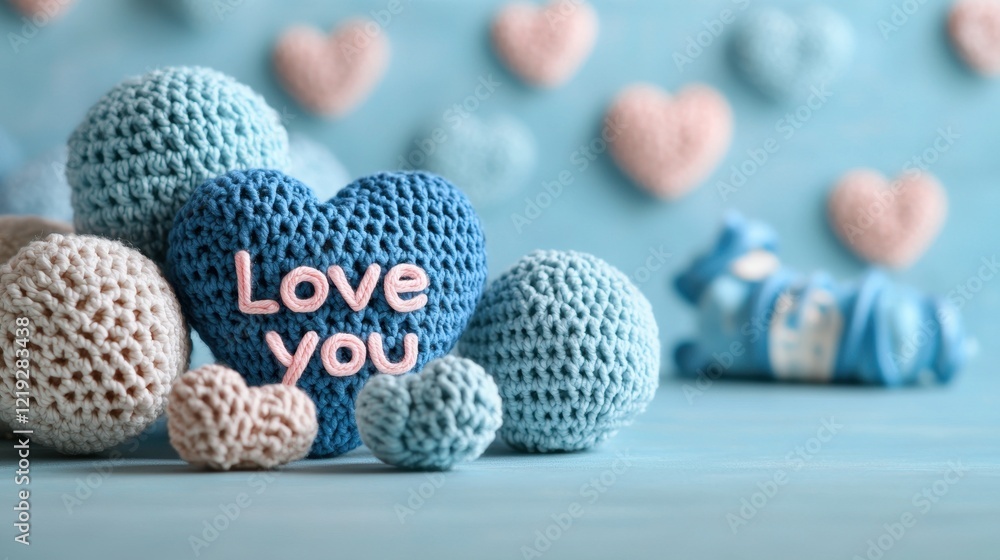 Poster charming heart patterns with soft crochet elements and a message of love on a serene background