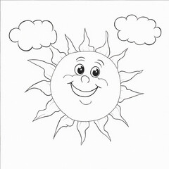 Fototapeta premium Cartoon Sun Character Coloring Page: Smiling Face with Fluffy Clouds and Circular Sun Rays