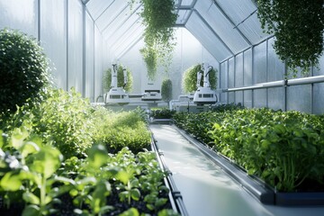 Obraz premium Futuristic greenhouse with robotic automation for plant cultivation . A greenhouse adorned with flourishing plants climbing its walls, illustrating a harmonious blend of nature and architecture.
