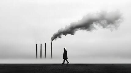 Bleak Industrial Landscape with Solitary Trudging Figure in Monochrome Cityscape