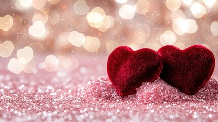Fototapeta premium Two Red Velvet Hearts Resting Together on a Bed of Pink Glitter with a Beautiful Bokeh Background