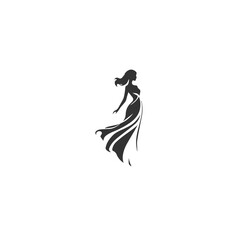 Silhouette of a woman in a flowing dress on a white background 