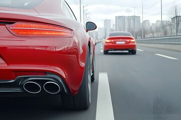 
Red sports car driving on a modern highway with blurred city buildings in the background, emphasizing speed and luxury