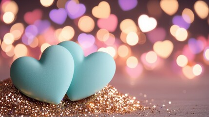 Fototapeta premium Two Soft Turquoise Hearts Resting on Sparkling Background with Bokeh Effect and Glitter for Romantic Themes