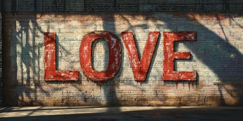 Bold love graffiti on a weathered brick wall in sunlight