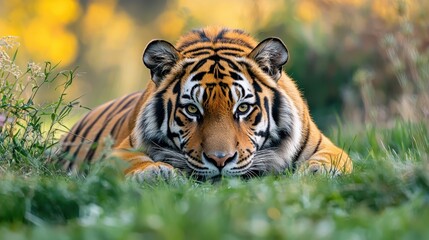 Obraz premium A Siberian tiger resting in the grass, with its orange and black stripes contrasting against the green, on a white background
