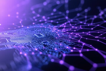 Obraz premium Abstract illustration of computer chip with vibrant purple, blue hues. Complex circuitry patterns, glowing connections suggest network of data flowing. Detailed view shows integrated circuits. Design