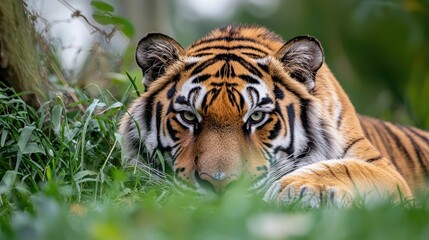 Obraz premium A Siberian tiger resting in the grass, with its orange and black stripes contrasting against the green, on a white background