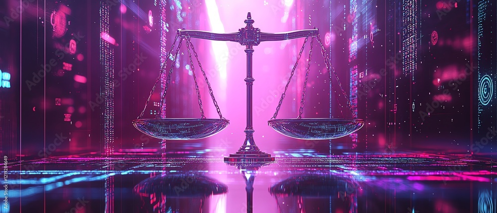 Poster elegant digital law scales with a data center background, encrypted symbols and holograms floating a