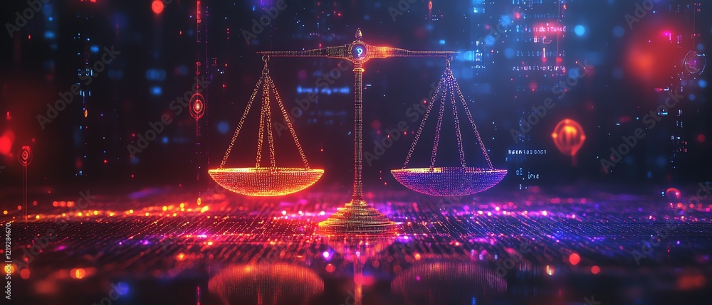 Poster elegant digital law scales with a data center background, encrypted symbols and holograms floating a