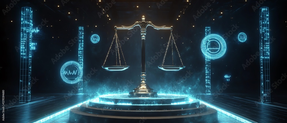 Poster elegant digital law scales with a data center background, encrypted symbols and holograms floating a