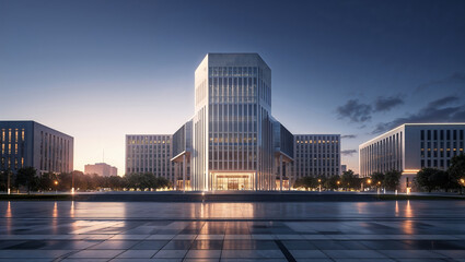Obraz premium Modern office buildings at dusk with illuminated square