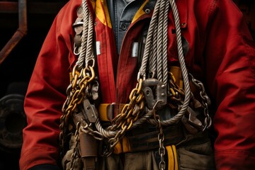 Close up of an industrial worker wearing a red safety harness equipped with chains and ropes, emphasizing workplace safety and preparedness