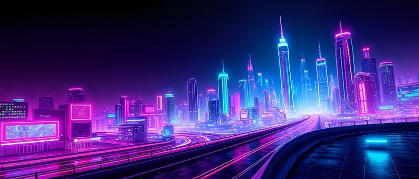 Neon Cityscape at Dusk: Futuristic Metropolis with Vibrant Skyscrapers