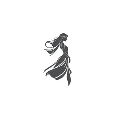 Silhouette of a woman in a flowing dress on a white background 