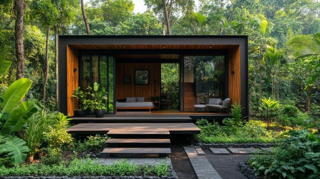 A contemporary house sits on a hillside surrounded by dense jungle. Soft morning light illuminates the interior while fog blankets the lush scenery, creating a serene atmosphere. - Powered by Adobe