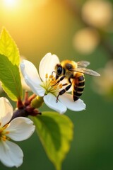 Honeybee gathering nectar from white pear tree blossoms at dawn, yellow, petals