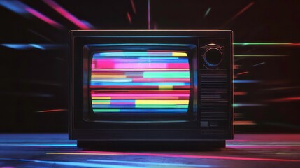 Obraz premium Retro television with colorful static and light trails.