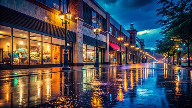 Rainy Night Retail Strip Mall - Illuminated Storefronts & Wet Pavement