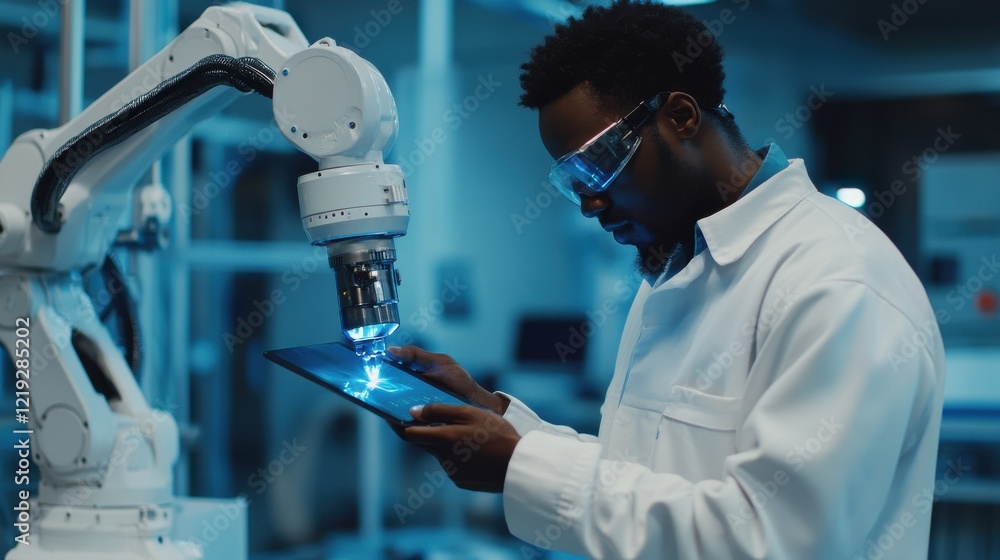 Poster african american male engineer worker using digital tablet control automatic robotic hand machine in
