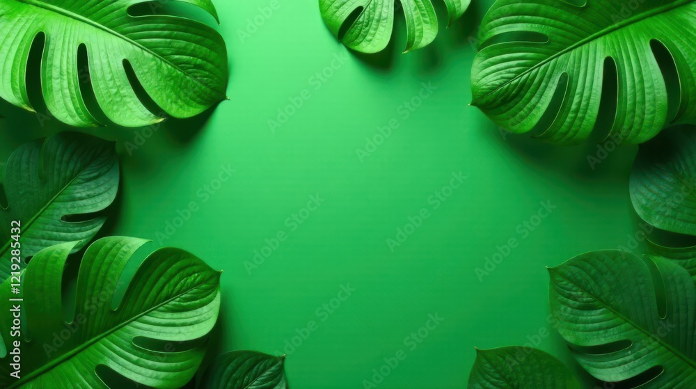 Poster Vibrant Green Tropical Foliage Arranged Symmetrically on a Solid Background, Creating a Lush and Inviting Frame for Text or Design Elements
