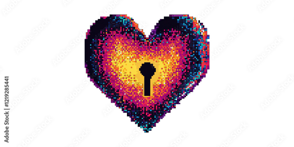 Poster pixelated heart with keyhole symbol isolated on transparent background