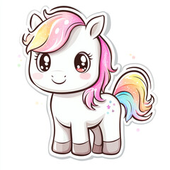 Fototapeta premium A cute cartoon unicorn with pastel colors, wings, and a horn, surrounded by colorful stars, against a white background.