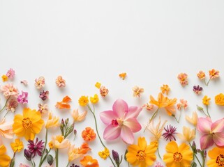 Obraz premium Beautiful, colorful flower border with Orchid on a white background, with space for text or design
