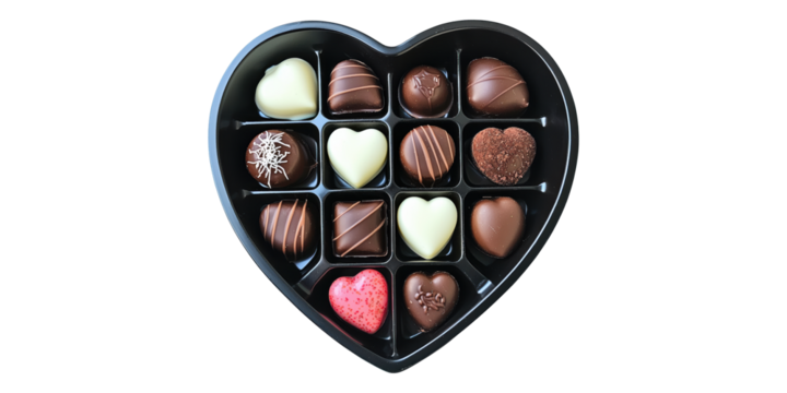 Heart-shaped box of assorted chocolates isolated on transparent background