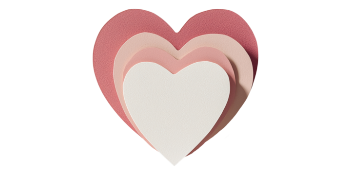 Layered paper hearts in shades of pink and white isolated on transparent background