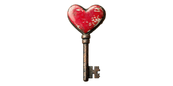Antique heart-shaped key rusted metal isolated on transparent background
