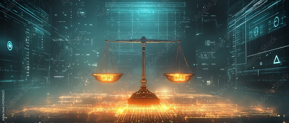 Poster futuristic law scales in front of a hightech data center, digital grids and encryption symbols surro