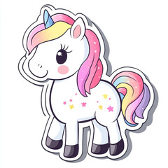 A cute cartoon unicorn with pastel colors, wings, and a horn, surrounded by colorful stars, against a white background.