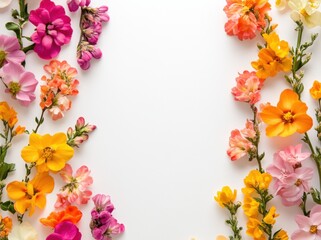Obraz premium Beautiful, colorful flower border with Snapdragon on a white background, with space for text or design