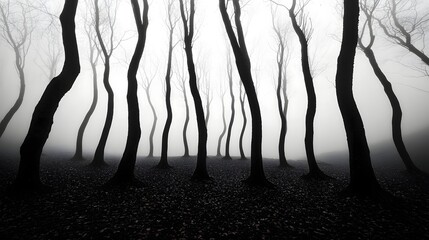 Naklejka premium Ethereal Mist-Shrouded Forest with Skeletal Bare Trees and Fallen Leaves in Moody Monochrome Landscape
