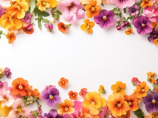 Beautiful, colorful flower border with Violet on a white background, with space for text or design